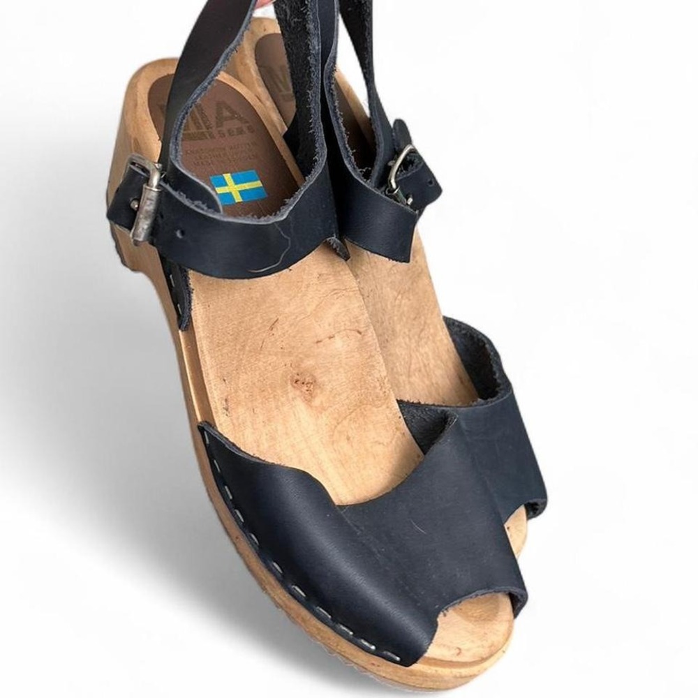 MIA Swedish navy wooden peep toed sandals